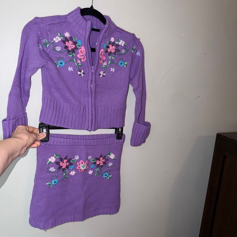 purple floral embroidered mini skirt zip up jacket set vintage girls 6T 7T